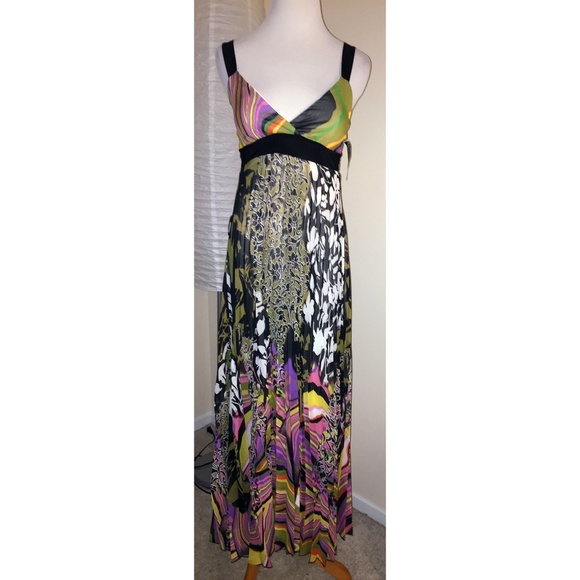 NWT! Nina Piu Sleeveless Colorful Pleated Maxi Dress, V-Neck, Small - Picture 1 of 7